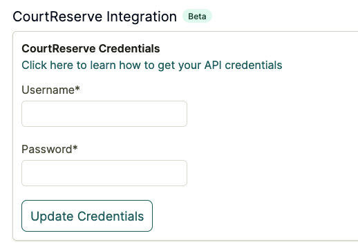 Empty CourtReserve credentials form